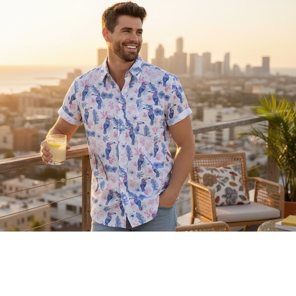 Tipsy Elves Toucan Tango White Hawaiian‎ Shirt Tropical XXL Cotton Rayon Blend
